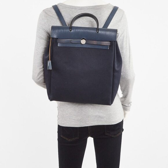 Hermes 30cm Navy Bleu Canvas/Vache Calfskin Leather Herbag PM 2-in-1 Backpack - Picture 1 of 12